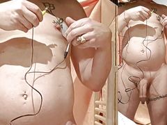 E-stim electro inside holes of my piercing tits , cum