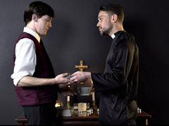 Confession booth turns into a steamy gay hookup-Father Kuda works his magic on Edward's tight ass