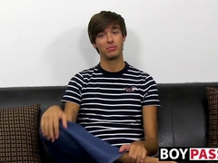 Young dude with bangs pleases himself after the interview