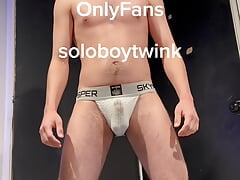 Hairy Masked Muscle Boy Pissing in Jockstrap and Fucking Clear Fleshlight