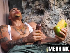 Bald dude King Noire entertains his aroused cock while stranded and alone