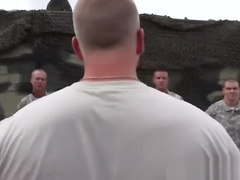 Gay soldier gets on knees and swallows big hard cock