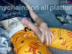 Naughty Fellow In Sweatpants Wanks His Immense Beef Whistle Until Squealing Pop-Shot