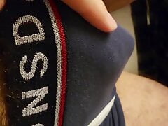 I start touching my cock on the chair and then go to the bed and make a big cumshot