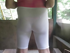 White spandex and sissy panties.  VPL wedgie