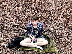 Horny twink enjoys solo session with his huge cock in the great outdoors