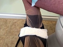 Man in pantyhose, nylon, man peeing