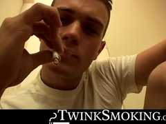 Jock Bryce Corbin oozed cum after blowing smoke and jerking in the hallway