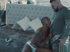 Angry muscle gay daddy teaches his black gay neigbours a lesson - interracial gay threesome sex