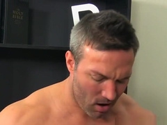 Attractive gay hunk Brock Landon pounds blonde twink Evan