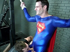 Dominant stud gets anal drilled by his male slave in a superhero costume