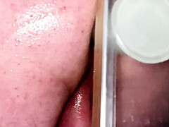 Teen shaved boy ass enjoying dildo in shower