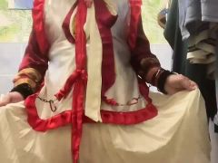 Peeing in vintage boniche outfit and with shackles