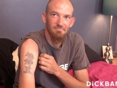 Inked John strokes his cock watching porn