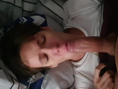 Youngster throating roomie's phat manmeat