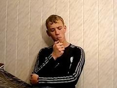 Soccer smoker twink jerks off big dick