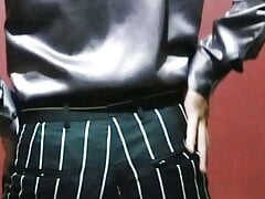 Masturbating in satin shirt and tie