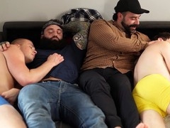 Stepfathers catch their hairy bear teen twinks getting naughty and jump in for a wild foursome