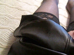 Leather skirt,Satin undies and tights.
