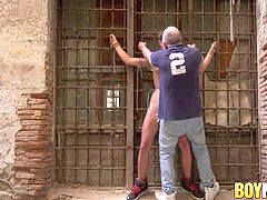 Helpless twink asking the penis tormentor for mercy