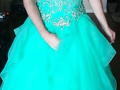 Cumming in a girl's teal blue corset back prom dress