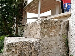 Pissing in the stairs outdoors, bottom vew fomr the balls