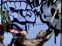 Strong male fucks his blonde slut with a fuck machine in dirty gay femdom