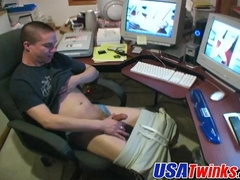 Horny and bald twink with big stiff pole wanking it hard