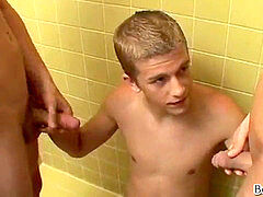 teenage lad threesome of pissing and making out before anal