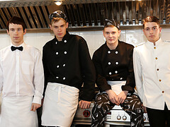 Steamy lads share ass in the kitchen while they pose hot
