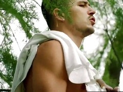 Muscular Brogan takes a ride on Jkab Ethan Dale's enormous cock after some oral action