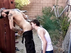 Inked male fucks his young gay friend in the van