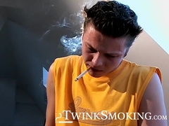 Smoking and uncut cock stroking by young Stone Solo session
