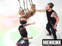 Sexy Jeremy Spreadumz TIED UP & dick stroked by two horny guys