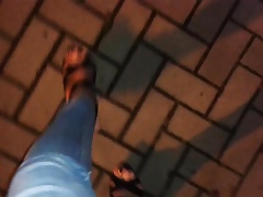public cumshot and walking in 6inch platform sandals