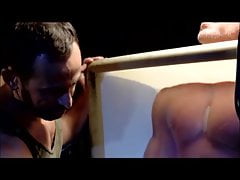 Hero vacuum sealed and edged by horny villain