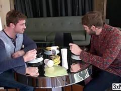 Two muscled straight men Colby Keller and Connor Maguire initiates interracial gay blowjob