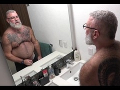 Douche, fat belly play, hairy cock solo