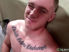 Ripped soldier gets blowjob and barebacks