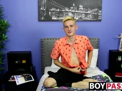 Skinny little twink with big fat dick tugs after interview