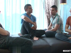 Watch two hung studs take turns pounding a hot chick with a huge cumshot