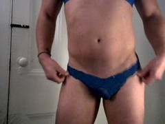 Crossdresser tries on g-string panties in different languages