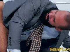 Classy hunk gives a sloppy blowjob and has his ass drilled