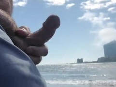 Hairy Bear Jerks Off on a Public Beach - Big Cum Shot