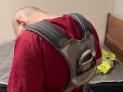 Sweaty and intense gay BDSM bondage fetish session with breath control and leather
