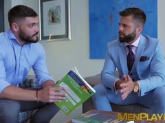Hardcore fucking with two office dudes wearing a suit each