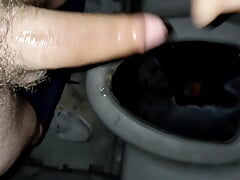 Twink fucks fake pussy and pissed all over dirty public toilet !