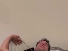 Youngster in nice trunks plays in sofa with chain cangue splatters jism all over ! !!