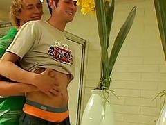 Blond twink fucks his boyfriend in the bathroom after blowjobs